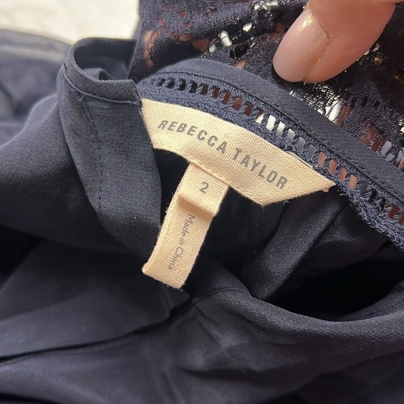 Rebecca Taylor Sara Lace Panel Silk Long Sleeve Blouse Ties at Cuff size 2 Navy - Picture 11 of 12